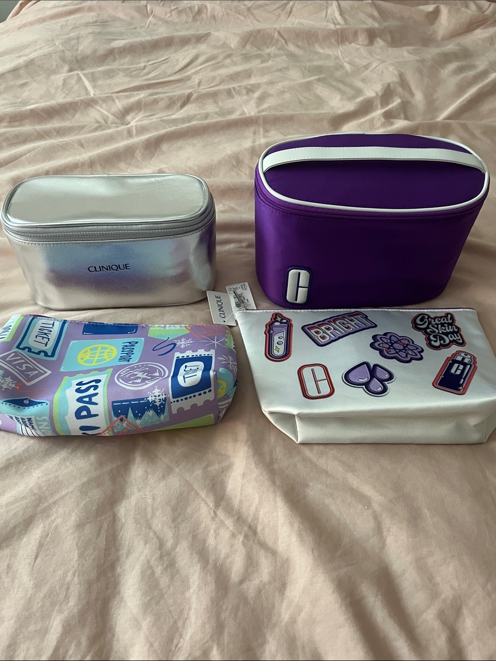 Clinique Y2K Silver Cosmetic Bag Purple and Pastel Sticker Pouches Set Of 4